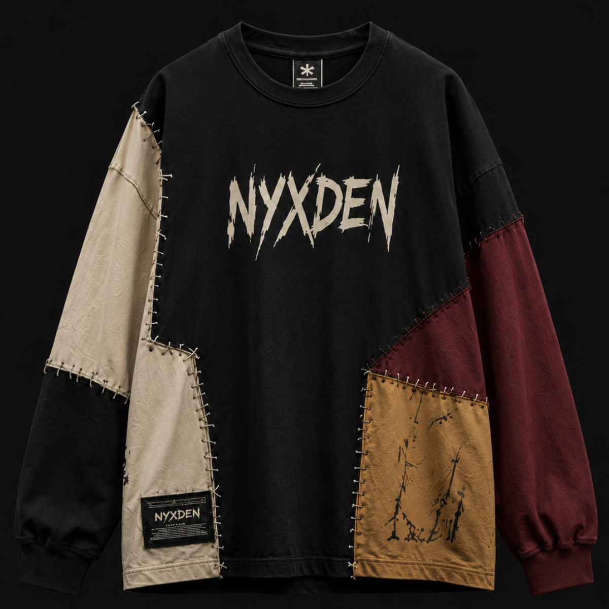Untitled design (6) Olive Contrast Handmade Patchwork Long Sleeve - Image 1