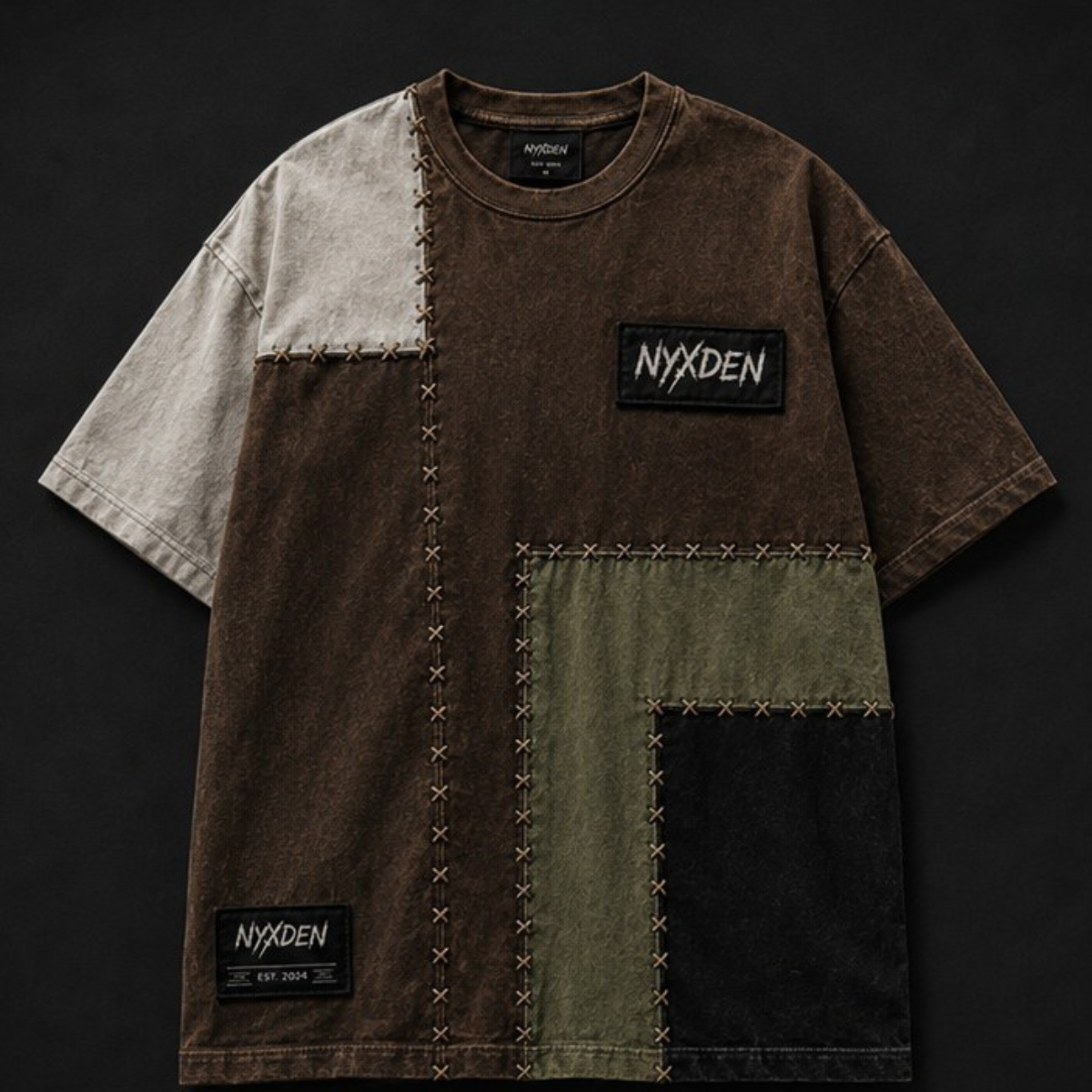 patches-handmade-Brown-t-shirt-1-3.png Earth Tone Handmade Patchwork T-Shirt - Image 1