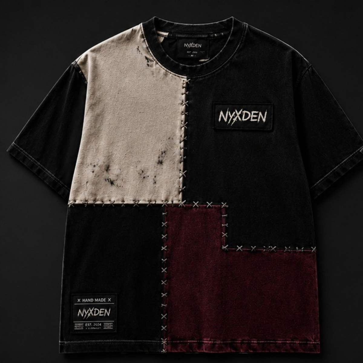 patches-handmade-Red-t-shirt-1-1.png Burgundy Contrast Handmade Patchwork T-Shirt - Image 1