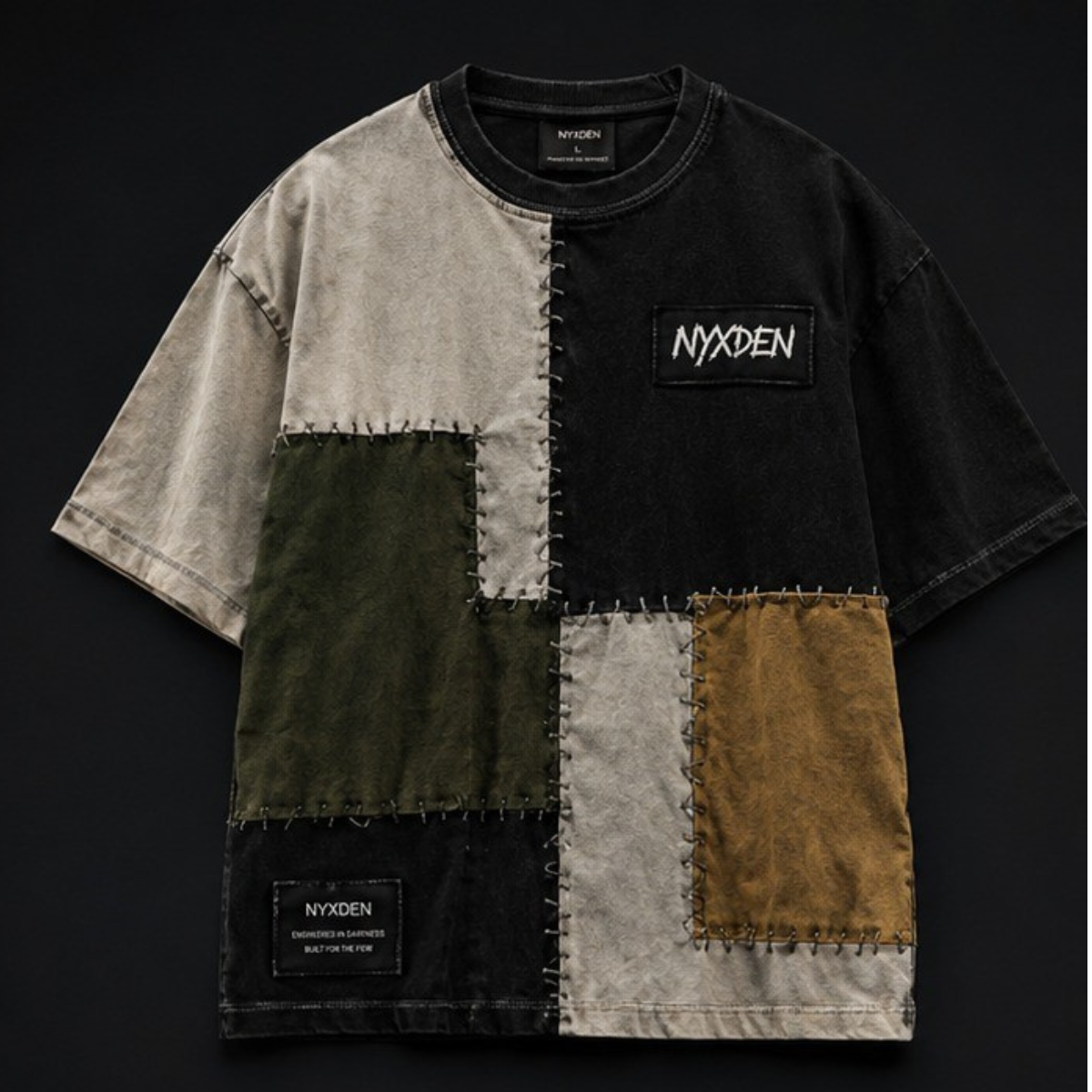 patches handmade black t- shirt Olive Contrast Handmade Patchwork T-Shirt - Image 1