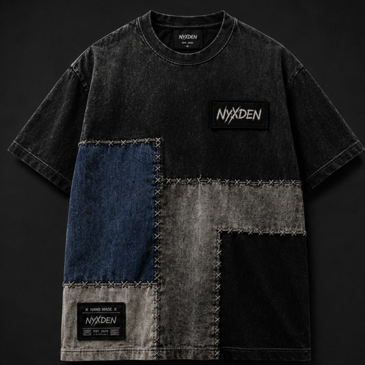 patches-handmade-blue-t-shirt-1-1.png Midnight Blue Handmade Patchwork T-Shirt - Image 1