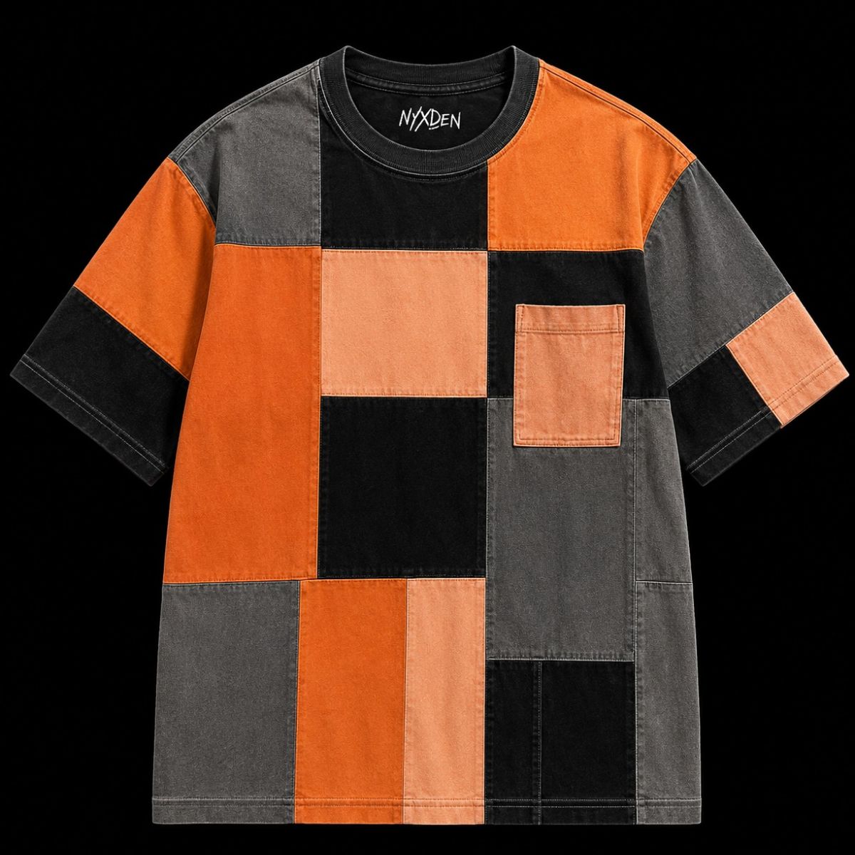 gray Nyxden Orange Patchwork Short Sleeve T-Shirt - Image 1