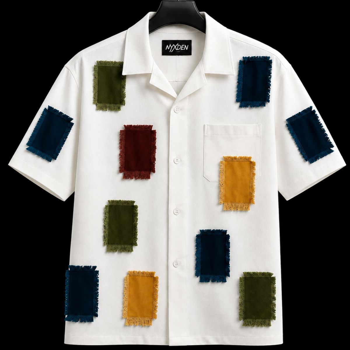 white Nyxden White Handmade Patchwork Short Sleeve Shirt - Image 1